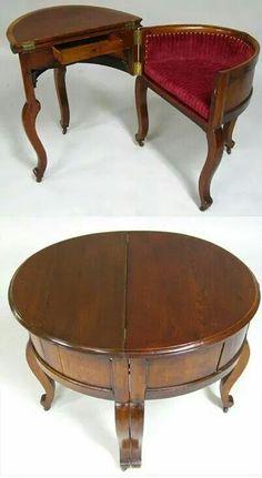 an old table with two chairs on it and one is turned into a coffee table