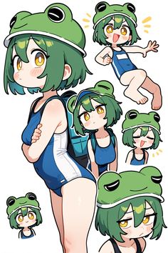 an anime character with green hair, wearing a bathing suit and holding a frog's head