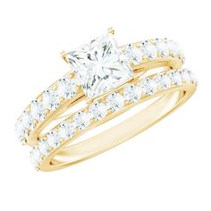 a yellow gold ring set with a princess cut diamond and two rows of white diamonds