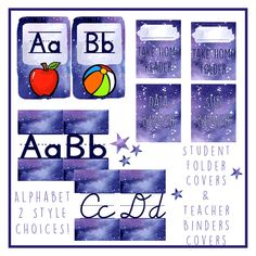 the back side of an alphabet sticker with stars and an apple on it, in purple