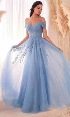 Ladivine C154 - Cold Shoulder Embroidered Prom Gown – Couture Candy Light Blue Hoco Dress Long Sleeve, Cold Shoulder Prom Dress, Modelling Dresses Gowns, Banquet Dresses For Teens Long, Grad Dresses Off The Shoulder, Pretty Prom Dresses Ball Gown, Blue Off The Shoulder Prom Dress, Prom Dresses For Enchanted Forest Theme, Dusty Blue Grad Dress