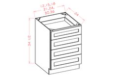 a drawing of a drawer with measurements for the top and bottom drawers on each side