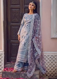 Dusty Blue and Purple Embroidered Palazzo Suit – Lashkaraa Baat Pakki Dress, Baat Pakki, Dupatta Embroidery, Palazzo Suit, Desi Wedding, Dress Dusty, Purple Satin, Dress Inspo, Net Dupatta