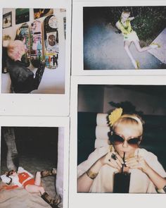 four polaroid photos of a woman laying on the ground