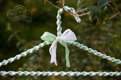 a green and white bow hanging from a tree branch