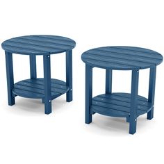 two blue side tables sitting next to each other