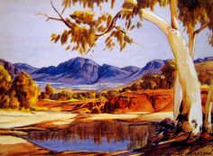 a painting of a lake surrounded by mountains