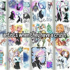 the words artists when they have a crush are written in front of an image of cartoon characters