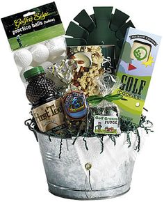 the golf gift basket is in a bucket