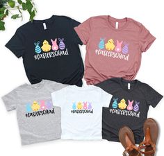 three t - shirts with the words easter squad printed on them and two pairs of sandals