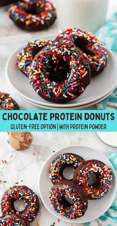 chocolate protein donuts with sprinkles on white plates