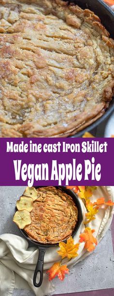 an image of vegan apple pie made in cast iron skillet with text overlay