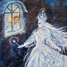 a painting of a woman dressed as snow queen in front of a window and holding a wand