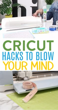 a man sitting at a desk using a sewing machine with the words cricut hacks to blow your mind