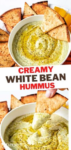 a bowl filled with white bean hummus and tortilla chips