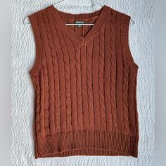 Such A Cute Color And Style! Never Worn And Perfect Condition Casual Brown Cable Knit Top, Casual Orange Sleeveless Sweater Vest, Orange Sleeveless Top For Winter, Casual Brown Sleeveless Sweater, Casual Sleeveless Brown Sweater, Black Cropped Sweater, White Long Sleeve Sweater, Y2k Sweater, Yellow Cardigan