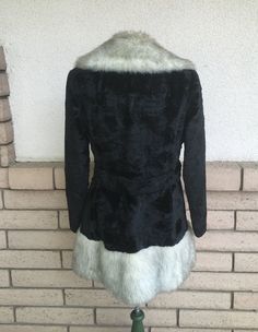 "Gorgeous vintage faux fur coat! Jet black coat is made of a short soft faux fur and has a look similar to crushed velvet. Has a huge light heather gray notched shawl collar with matching hem accent. Three buttons up the front. Attached faux back belt. Hidden side seam pockets. Black quilted lining. Mini dress length. Excellent vintage condition showing no evidence of wear! Medium-large size is an estimate (based on the way it fits me. That's what I wear and it fits me well.) Please check measur Faux Fur Coat Black, Vintage Faux Fur Coat, Princess Coat, Black Faux Fur Coat, Butterfly Blouse, Coat Black, Black Quilt, Crushed Velvet, Faux Fur Coat