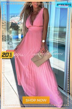 Always Elegant Lace Trim V-neck Pleated Maxi Dress Fitted Pleated V-neck Summer Dress, Fitted Pleated V-neck Dress For Summer, Summer Pleated Fitted V-neck Dress, Pleated V-neck Summer Dress, Beach V-neck Pleated Dress, Pink Casual V-neck Dress For Party, V-neck Pleated Maxi Dress For Beach, V-neck Pleated Beach Maxi Dress, Pleated V-neck Maxi Dress For Beach