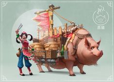 a woman standing next to a pig with a pirate ship on it's back