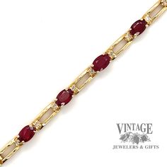 14 karat estate yellow gold natural oval ruby with diamond link bracelet. The bracelet has 5 oval rubies flanked by a small round brilliant cut diamond on each. The ruby's estimated total weight is 3.00 carats and the total weight of the 10 diamonds is 0.10 carats of SI goods. The bracelet is secured with an integrated box catch and figure 8 safety. Ruby And Gold Bracelet, Gold Link Bracelet, Gold Link, Figure 8, Natural Ruby, Round Brilliant Cut Diamond, Brilliant Cut Diamond