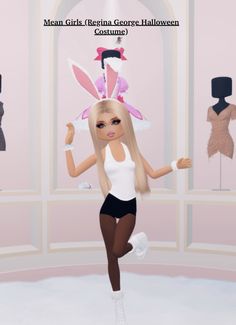 an animated image of a woman dressed in bunny ears and tights, running through a room with mannequins on the walls