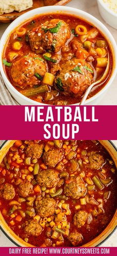 meatball soup in a bowl with bread on the side and text overlay that says meatball soup