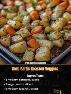 there is a plate with roasted veggies on it and the words herb garlic roasted veggies