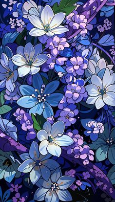 a painting of blue and purple flowers on a black background