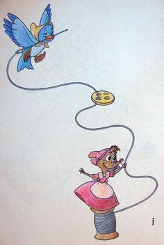 a drawing of two birds flying over a woman with a pink dress and hat on