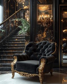 an ornate chair sits in front of a staircase