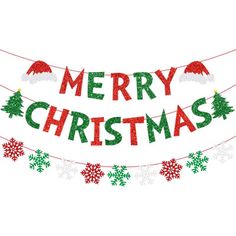 merry christmas banner with red and green snowflakes hanging from the side, on a white background