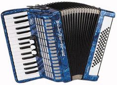 an accordion with blue and white designs on it