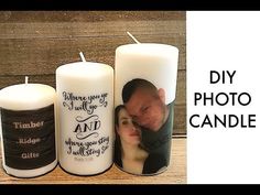 three candles with pictures on them and the words diy photo candle are next to each other