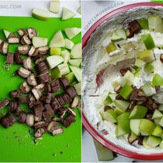 two pictures side by side one has chopped apples and the other has chocolate chips in it