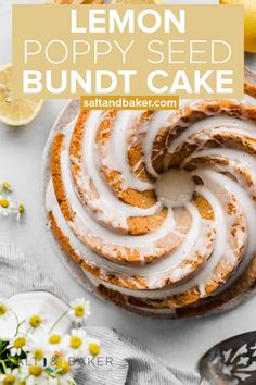 lemon poppy seed bundt cake with icing on top and sliced lemons in the background