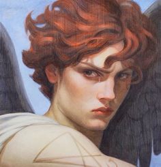 a drawing of an angel with red hair and black wings on his head, looking to the side