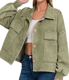 Stay cozy and stylish with the Zoe Lt Olive Fleeced Crop Shacket. This long sleeve button down features an acid wash design and front pockets for added convenience. Perfect for chilly days, this jacket is a must-have for any fashion-forward individual. Cotton and Polyester Blend Material. Hand Wash Cold. Fits over sized. Order down 1 for a more fitted fit Acid Wash Cotton Button-up Outerwear, Oversized Washed Long Sleeve Outerwear, Cozy Cotton Button-up Outerwear, Oversized Washed Outerwear For Fall, Trendy Acid Wash Outerwear For Fall, Trendy Acid Wash Long Sleeve Outerwear, Trendy Acid Wash Button-up Outerwear, Cozy Spring Shacket With Pockets, Acid Wash Long Sleeve Outerwear For Fall