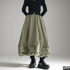 Fisdy - Designer Pleated A-line Skirt with Loose Elastic Waist in Solid Color Baggy Spring Midi Skirt, Spring Baggy Lined Maxi Skirt, Spring Baggy Gathered Skirt, Green Tiered Skirt For Fall, Baggy Long Skirt For Fall, Baggy Long Gathered Skirt, Umbrella Skirt, Tulip Skirt, Mid Length Skirts