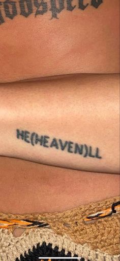 two people with tattoos on their legs and one has the words, heheavendl