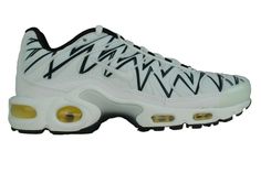 NIKE AIR MAX PLUS WHITE, WHITE, BLACK AJ6311 100 SIZE 4.0 USA Description Nike are delivering an Air Max Plus pack hearty enough to sink your teeth into. Called ‘Le Requin’ (or, 'the shark'), it's no wonder these sneakers aren’t afraid to bare their teeth. Black and white pairs come with lines zigzagging over breathable mesh like the jaws of a beast from the deep. The tongue tag rounds out the association, depicting a circle chomping a Swoosh. The Air Max Plus Tuned Air unit in the heel makes fo Teeth Black And White, Nike Air Max Plus White, A Beast, Nike Air Max Plus, Air Max Plus, White White, Air Max Sneakers, New Black, Air Max