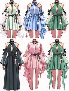 four different colored dresses are shown in this drawing