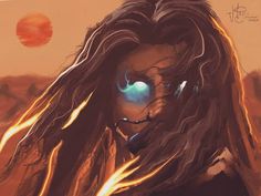 a painting of a woman with long hair and glowing eyes in front of an orange sky