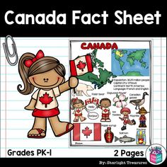 canada fact sheet with canadian flag and girl in red dress holding a paper clipboard