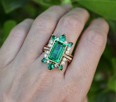 Rectangle Emerald Halo Bridal 3 Ring Set-14k Gold Large Green Emerald Engagement Ring Set W/diamond Wedding Band-5ct Emerald Cut Green Ring - Etsy Green Emerald Engagement Ring, Antique Emerald Ring, Emerald Engagement Ring Green, Emerald Engagement Ring Set, Emerald Halo, Emerald Wedding Band, Contour Wedding Band, Emerald Wedding Rings, Green Ring