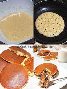 there are some pancakes being cooked and then put in the skillet to make them