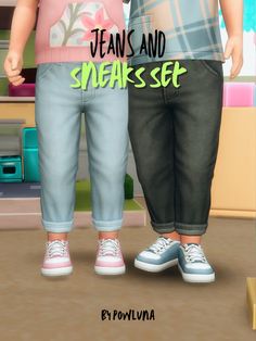 two children standing next to each other with the words jeans and sneakers set on them