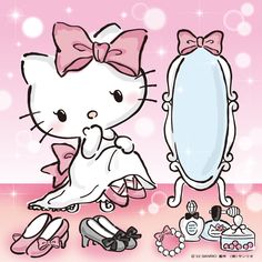 an image of a hello kitty character in front of a mirror with shoes on the floor