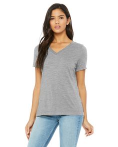 Ladies' Relaxed Heather CVC Jersey V-Neck T-Shirt - HEATHER SLATE - S | Bella + Canvas CVC Women's Relaxed Heather CVC Jersey V-Neck T-Shirt Size Large | Cotton/Polyester Blend Raglan Shirts, Sleeves (women), Sweatshirt Designs, Hoodie Design, V Neck Tee, Custom Clothes, Effortless Style, Bella Canvas, Neck T Shirt