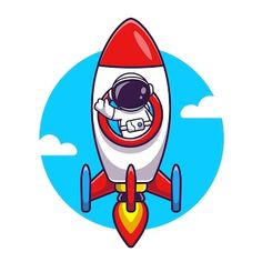 a small red and white rocket with an astronaut on it's back flying through the air