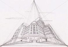 a pencil drawing of a building with a triangular design on it's face and side